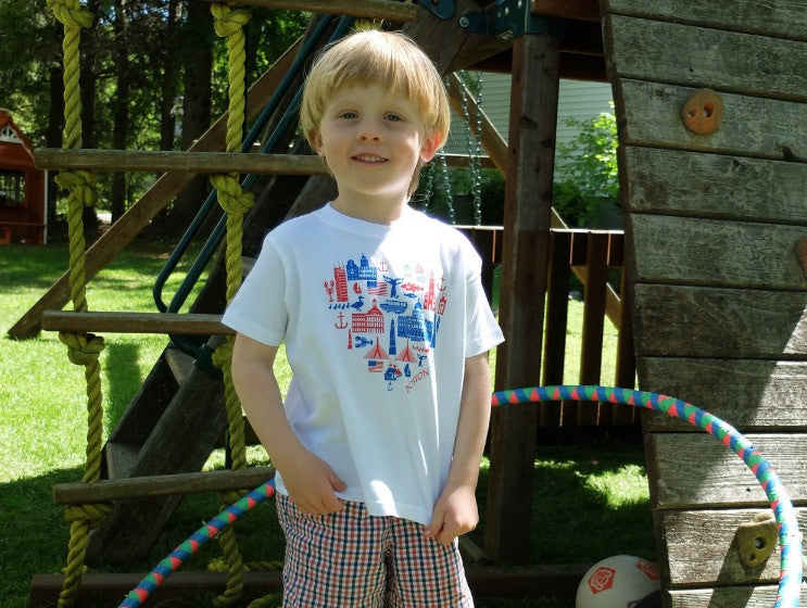 white toddler t-shirt with heart-shaped icons of Boston red and blue graphic